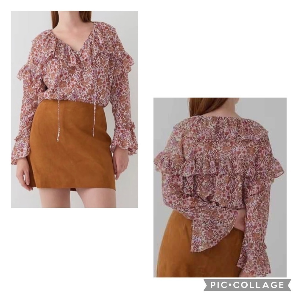 J CREW Women’s Multicolor Floral Crinkle Chiffon Ruffle Top Long Sleeve Size S